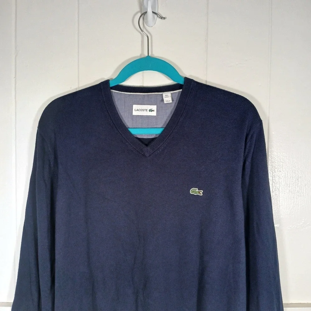 Lacoste V-Neck Sweater Mens XL Navy Blue Cotton AH0347 Lightweight Knit - Picture 9 of 9